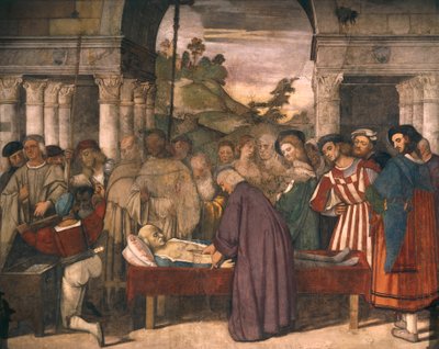 Miracle of Miser's Heart, detalj fra Scenes from Life of St Anthony of Padua av Titian (cirka 1490-1576), freskomaleri, School of Saint or Scoletta, Padua av Titian (c.1488 1576)