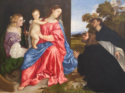 Hellig samtale, med de hellige Catherine og Dominic og giveren, ca. 1533 (olje på lerret) av Titian (c.1488 1576)