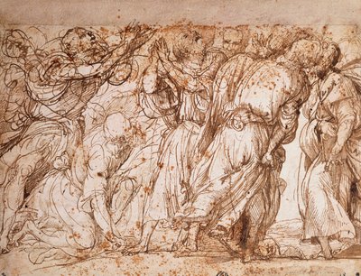 Studie av gruppen av apostlene i kirken for opptagelse av Frari i Venezia, Tiziano Vecellio (ca 1490-1576), penn- og blekktegning av Titian (c.1488 1576)