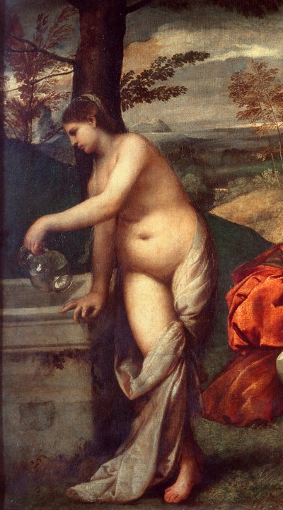 Bandkonserten Musikere på gress, kvinner er nakne. Detalj av en av dem som fyller kannen til fontenen. Maleri tilskrevet Tiziano Vecellio dit le Titian (1485-1576) eller Giorgio da Castelfranco dit Giorgione (1476/1478-1510) Søn. 1,05 X 1,36 m Pari av Titian (c.1488 1576) (attr. to)