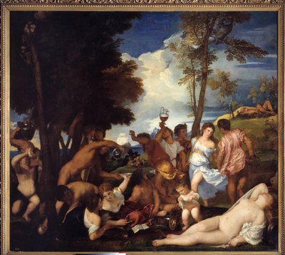 Ankomst av Bacchus på øya Andros (Bacchanal of the Andrii). Ankomst fra Bacchus på Andros Island. Bilde som viser festen av satirer og bacchanter til ære for den guddommelige Bacchus (Baccanal). Maleri av Tiziano Vecellio kalt Titian (1485-1576), v av Tiziano Vecelli