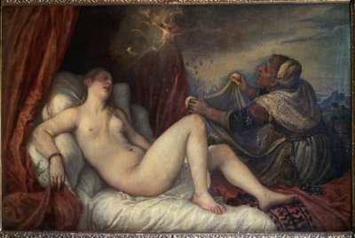 Danae. Gresk mytologi: Zevs presenterer seg for Danae i form av et regn av gullmynter for å forføre henne. Maleri av Vecellio kalt Le Titien (Vecelli eller Tiziano da Cador av Tiziano Vecelli