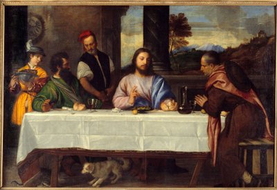 Middag på Emmaus Møt Jesus med peleriner. Maleri av Tiziano Vecellio dit le Titian (1485-1576) 1500-tallet Søn. 1,69x2,44 m av Titian (c.1488 1576)