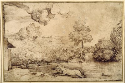 Landskap: en rytterløs hest forfulgt av en slange (penn og brunt blekk på kremfarget papir) av Titian (c.1488 1576)