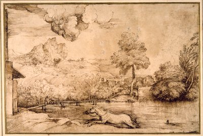 Landskap: en rytterløs hest forfulgt av en slange (penn og brunt blekk på krempapir) av Titian (c.1488 1576)