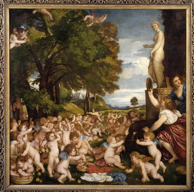 Offrande a Venus Små amours (angelots) samles for å hylle gudinnen Afrodite - Maleri av Tiziano Vecellio kalt Titian (1485-1576) 1518 Sun. 1,72 X 1,75 m Madrid musee du Prado - Tilbedelsen av Venus - Maleri av Tiziano Vecellio kalt Tit av Tiziano Vecelli