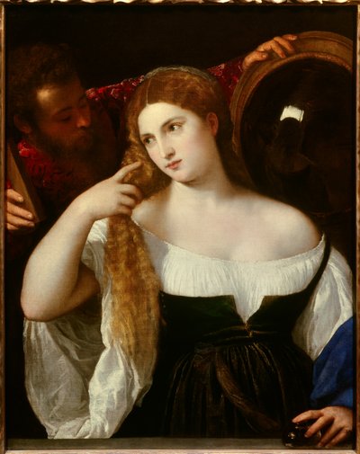 Portrett av en kvinne med toalettet Et speil bak reflekterer scenen. En tjener holder et annet speil for henne, hun ser stille på seg selv. Den unge kvinnen skulle være Laura Dianti, elskerinnen til Alfonso I d