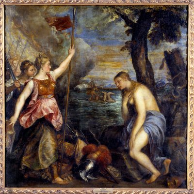 Religion reddet av Spania. Maleri av Tiziano Vecellio kalt The Titian (1485-1576) av Tiziano Vecelli