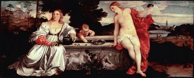 Sacred Love and Secular Love Maleri av Tiziano Vecellio kalt Titian (1490-1576) 1515 ca. Sol. 118x279 cm Roma, Galleria Borghese - Hellig og profan kjærlighet - Maleri av Tiziano Vecellio, kalt Titian (ca. 1488-1576), olje på lerret, ca. 1515 (118 x 279 av Tiziano Vecelli