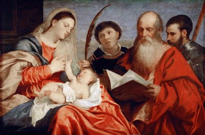 Jomfruen og barnet med de hellige Stefanus, Hieronymus og Maurice - Titian (1488-1576). Olje på tre, ca. 1520. Dimensjon : 92,7x138 cm. Kunsthistorisk museum, Vienne av Titian (c.1488 1576)