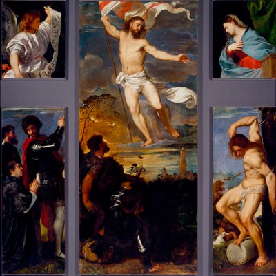 Oppstandelsen “” The Virgin”” “” Saint Sebastian””” og sponsorene. Paneler av Averoldi polyptych. Maleri på tre av Tiziano Vecellio kalt Titian (ca. 1490-1576) Brescia fra 1500-tallet, kirken for de hellige Nazzaro og Celso av Titian (c.1488 1576)