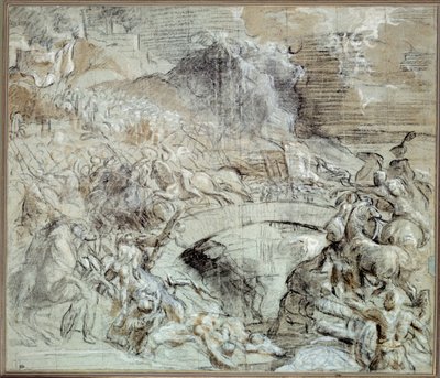 Wars of Italy: "" Slaget ved Cadore""" Slaget som i ca. 1508, byen Pieve di Cadore allierte seg med venitianerne med troppene til Maximilian I av Habsburg. Tegning med svart stein og vasking av Tiziano vecellio (1485-1576) kalt Titian. 16 av Tiziano Vecelli