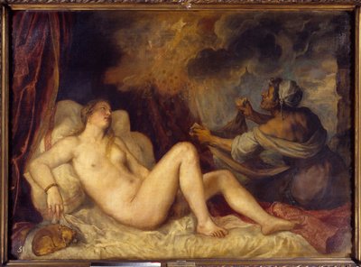 Danae mottar gullregnet Zevs kommer til Danae for å forføre det i form av et regn av gullmynter. Maleri av Tiziano Vecellio kalt The Titian (1488-1576) 1553 Sun. 1,29x1,8 m Madrid, Prado-museet av Tiziano Vecelli