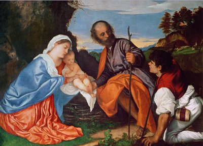 Den hellige familie og en hyrde, ca. 1510 av Tiziano Vecelli