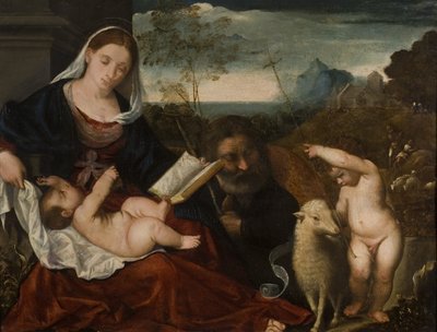Den hellige familie med Saint John av Tiziano Vecelli
