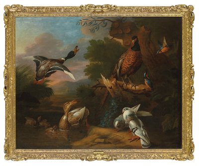 En fasan, duer, andunger og isfugler med en stokkand som flyr ved et skogkledd basseng, et landskap utenfor (olje på lerret) av Tobias (circle of) Stranover