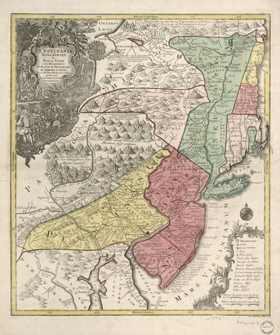 Relieff vist billedmessig. Dekker også New England (forvrengt) og den nordlige Chesapeake-regionen. Tittel på latin; notater på tysk og latin; legende på latin, tysk og engelsk. Uidentifisert meridian. Provinser angitt av kol. vasker; provins og fylke bo av Tobias Conrad Lotter