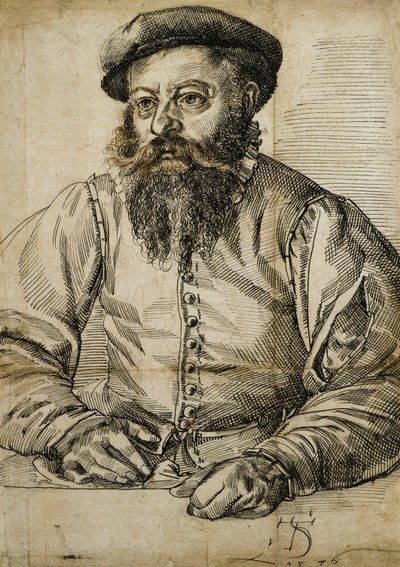 Portrett av en skjeggete mann, halv lengde, sittende ved et bord, av Tobias Stimmer
