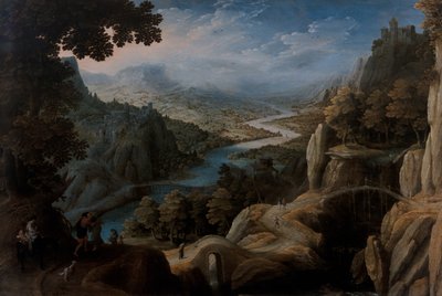 Et omfattende fjellrike elvelandskap med forsoningen mellom Jakob og Laban, en befestet by på en klippetopp bortenfor av Tobias Verhaecht