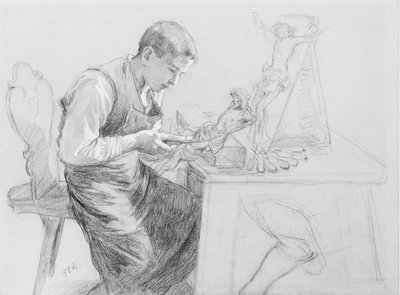 Studie av en gutt som utskjærer et krusifiks, ca. 1908. av Toby E Rosenthal