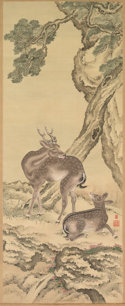 Symboler for lang levetid: Hjort under Peach og Pine Peach venstre, 1801. av Toda Tadanaka
