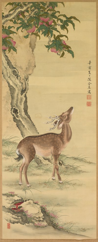 Symboler for lang levetid: Hjort under Peach and Pine Pine høyre, 1801. av Toda Tadanaka