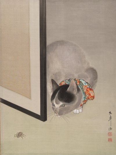 Katt som ser på en edderkopp, ca. 1888-92. av Toko Oide