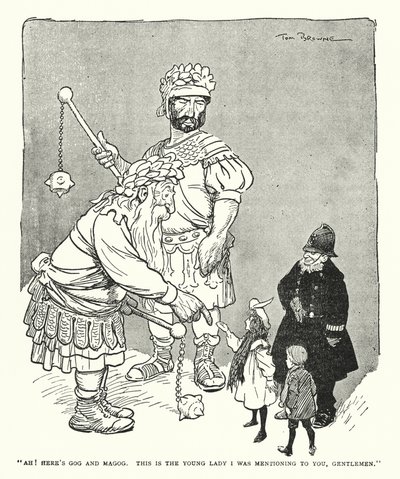 "Ah! Her er Gog og Magog, dette er den unge damen jeg nevnte for dere, mine herrer" (litho) av Tom Browne