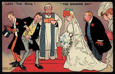 Brudgommen og bestemannen klarer ikke å finne ringen i et bryllup (chromolitho) av Tom Browne