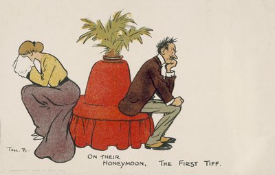 Første krangel mellom et par på bryllupsreise (fargelitografi) av Tom Browne