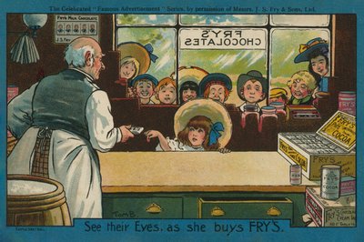 Jente som kjøper sjokolade i butikk (fargelitografi) av Tom Browne