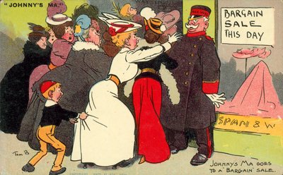 Johnnys mamma drar på kuppsalg (fargelitografi) av Tom Browne