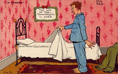 Mann som betrakter sin ukomfortable enkeltseng (fargelitografi) av Tom Browne