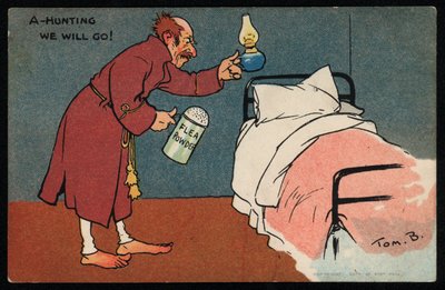 Mann på jakt etter lopper i sengen sin (chromolitho) av Tom Browne