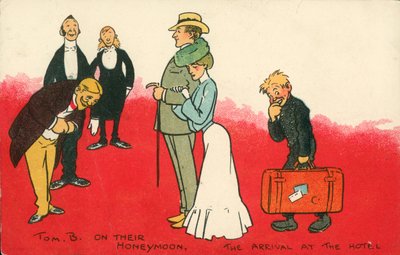 På bryllupsreisen deres, ankomsten til hotellet (fargelitografi) av Tom Browne