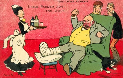 Våre små plager, onkel Podger har gikt (fargelitografi) av Tom Browne