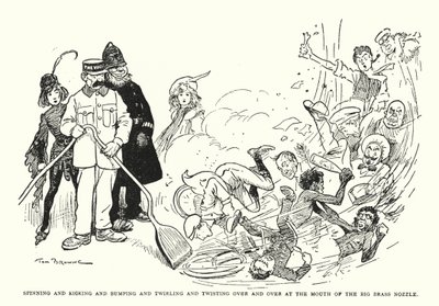 Snurrer og sparker og støter og snurrer og vrir om og om igjen ved munningen av den store messingdysen (litho) av Tom Browne