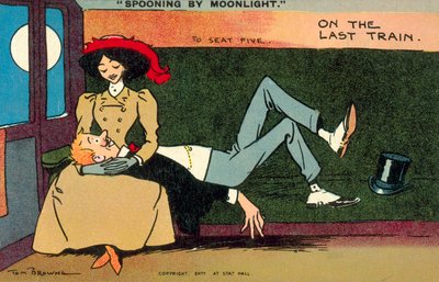 Skjeing i måneskinn, på det siste toget (fargelitografi) av Tom Browne