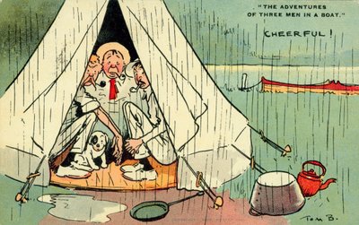 Tre menn i en båt (fargelitografi) av Tom Browne