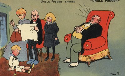 Onkel Podger snorker (farge litho) av Tom Browne