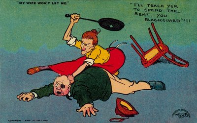 Kone slår mannen sin for å ha brukt opp husleien (fargelitografi) av Tom Browne