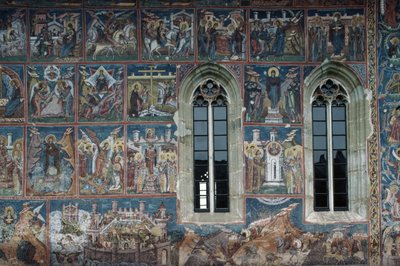 Helligefigurer, freskomaleri på ytterveggene til Moldovita kloster av Toma de la Suceava
