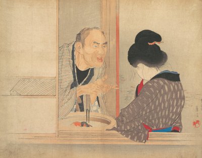 A scolding Ochiyo, illustrasjon fra Bugei Kurabu Literary Club. av Tomioka Eisen
