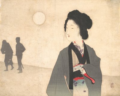 Ung kvinne ser på silhuetten av en mannlig fange som blir ført bort, tidlig på 1900-tallet. av Tomioka Eisen