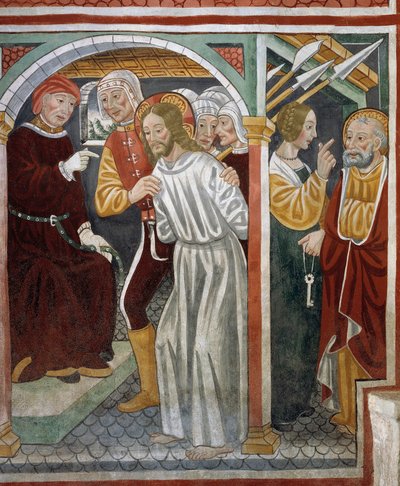 Jesus foran yppersteprest, Peter og tjenestepike av Tommaso (active 1479 1509) (workshop) Cagnola