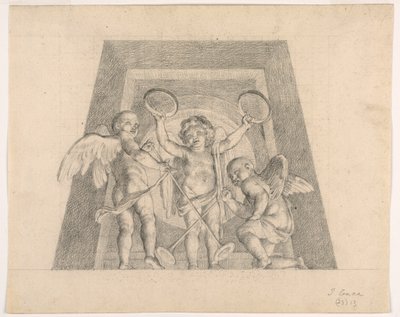 Tre putti med tamburiner og trompeter, design for Lunette fra Sala delle Muse, Museo Pio-Clementino, Vatikanet av Tommaso Maria Conca