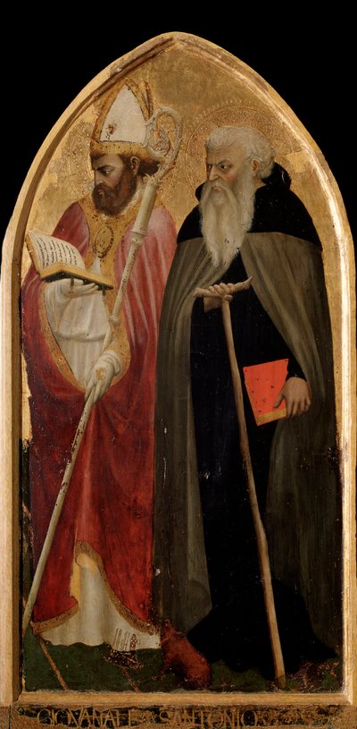 San Giovenale Triptych: høyre panel med Saint Anthony the Great og Saint Juvenal (Giovenale) - altertavle av Tommaso Masaccio