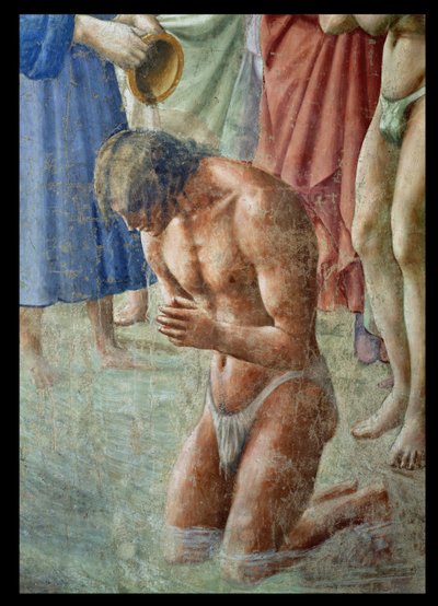 St. Peter som døper neofyttene, detalj av neofytten, freskomaleri ca. 1427, se også 63311 av Tommaso Masaccio