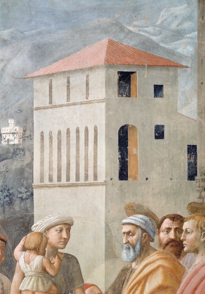 St. Peter som distribuerer kirkens fellesgoder, og Ananias død, Detalj av bakgrunnsarkitekturen, freskomaleri ca. 1427, se også 57194, 63321 og 63322 av Tommaso Masaccio
