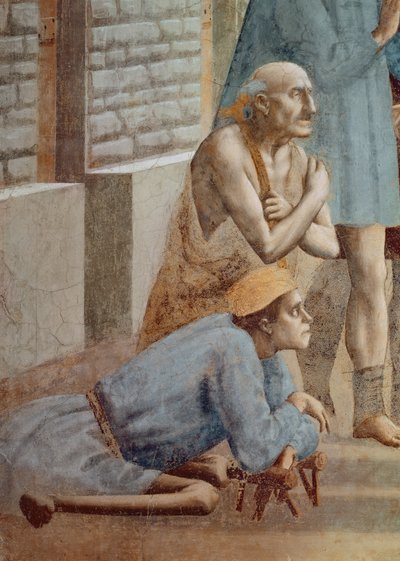 St. Peter Healing With His Shadow detalj av krøplingen, ca. 1427, se også 60321 & 63310 fresco av Tommaso Masaccio